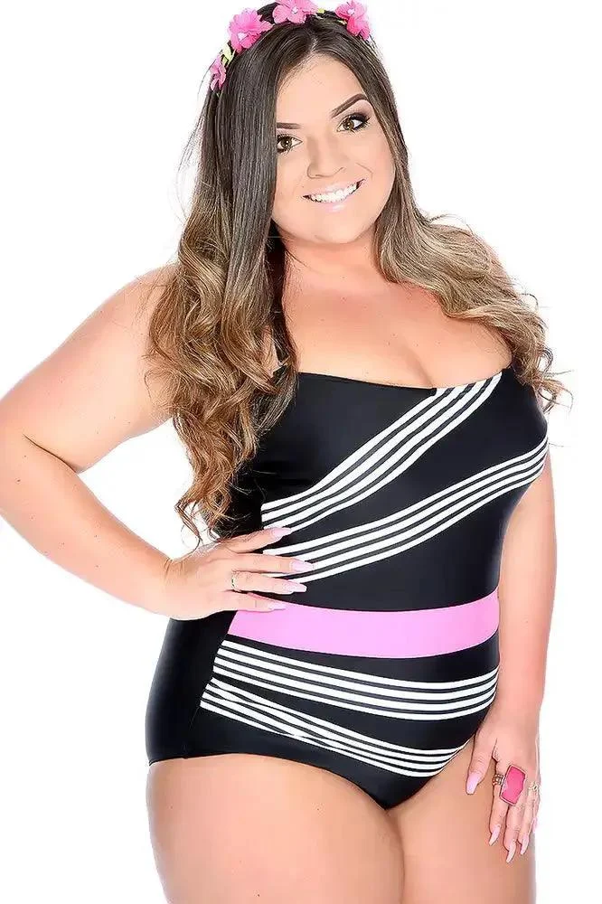 White Black Colorblock Striped One Size Plus Size Swimsuit