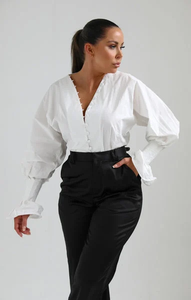 White Blouson Sleeve Button Up Shirt - Grasia