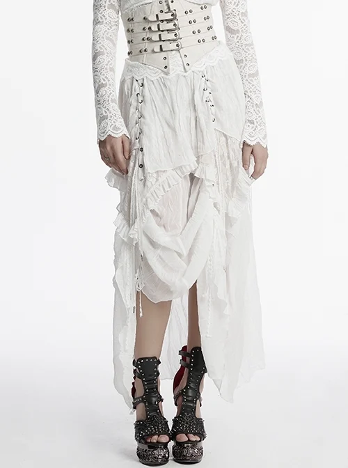 White Chiffon Asymmetric Lace Mesh Splicing Cross Strap Design Gothic Style Daily Versatile Skirt