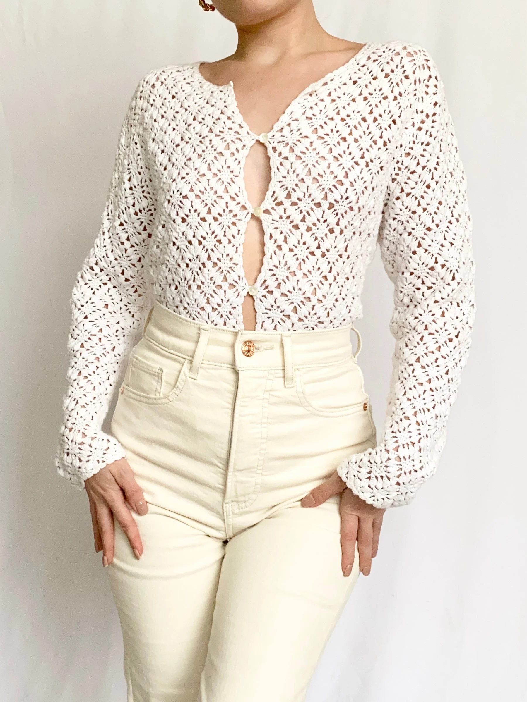 White Crochet Button Up Blouse (S)