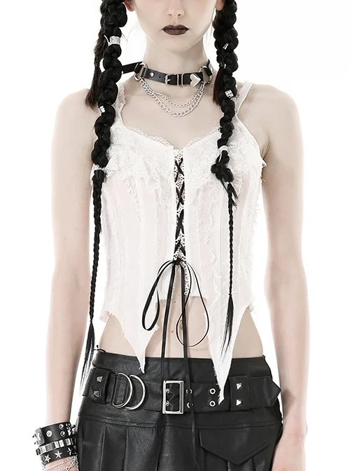 White Decadent Hole Front Lace Strap Punk Style Halter Top