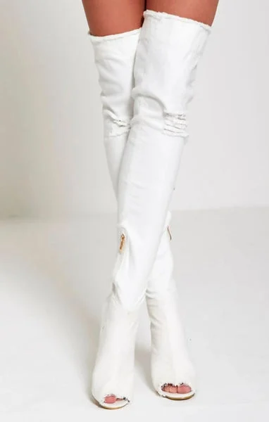 White Denim Ripped Thigh High Boots - Briar