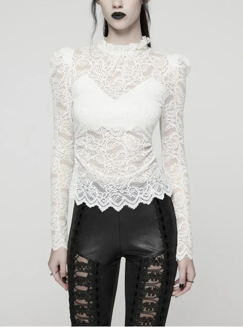 White Elegant Ruffled Stand Collar Exquisite Lace Stitching Gothic Style Slim Long Sleevess Top