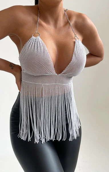 White Halter Neck Open Back Chain Mail Tassel Top - Dani