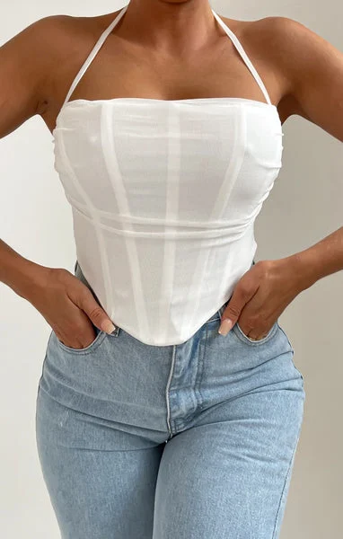 White Halter Neck Strappy Boned Corset Style Top - Cici