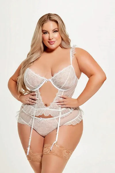 WHITE LACE & DOT MESH BRIDAL BUSTIER & THONG SET