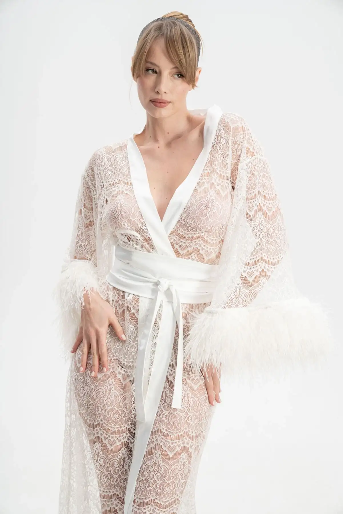 White Lace Dressing Gown with Fur Trim & Sheer Detail
