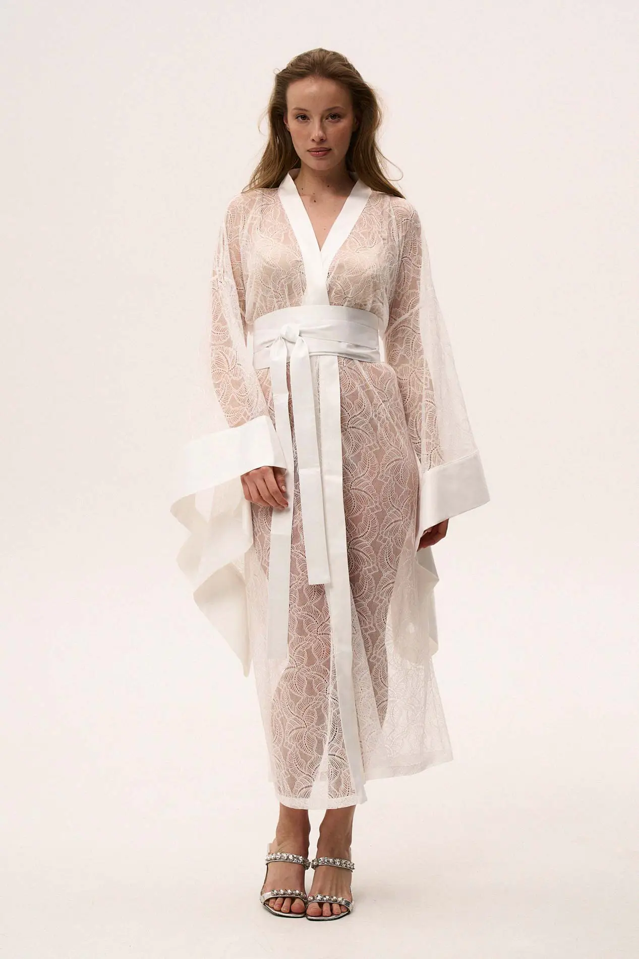 White Lace Dressing Gown with Long See Through Detail