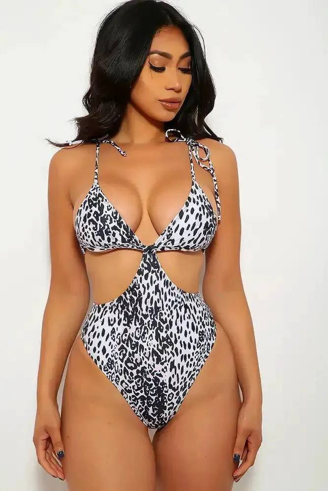 White Leopard Print Cut Out One Piece Swimsuit