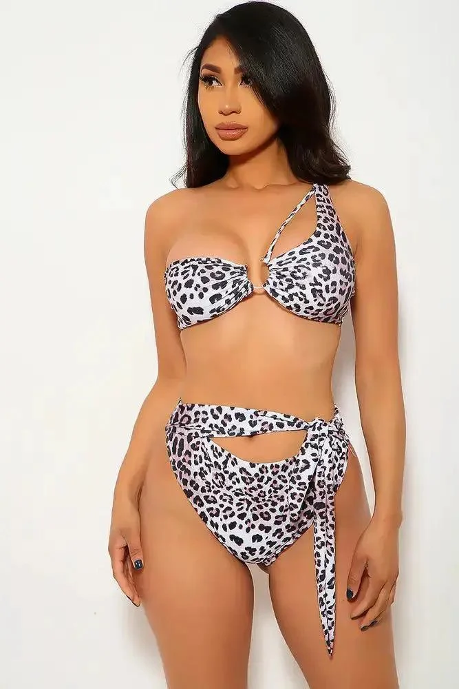 White Leopard Print One Shoulder Two Piece Swimsuit