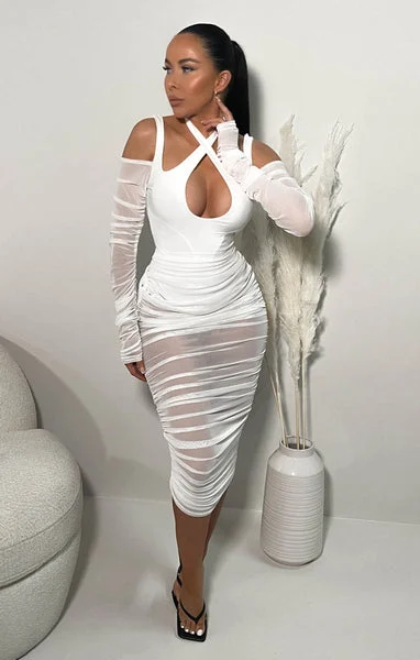 White Long Sleeve Ruched Cross Over Bodysuit Mesh Midi Dress - Kenna