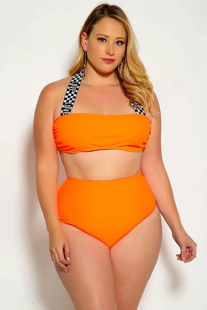 White Neon Orange Love Print Halter Bandeau High Waist Plus Size Swimsuit