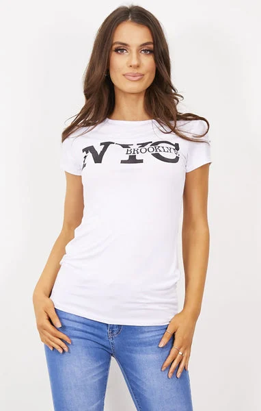 White ‘NYC Brooklyn’ Slogan Print T-Shirt - Elissara