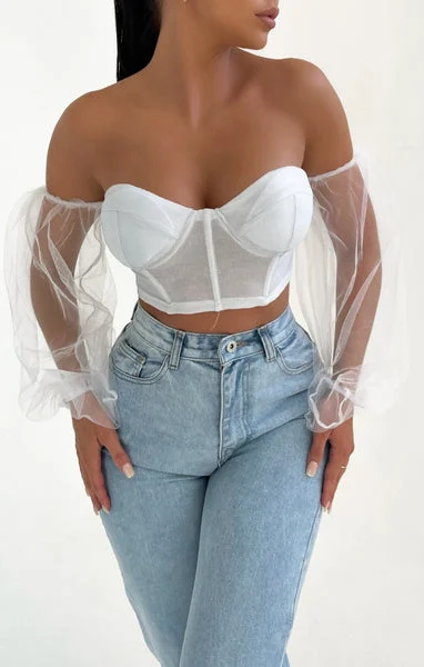 White Off The Shoulder Mesh Lurex Corset Top - Poppy