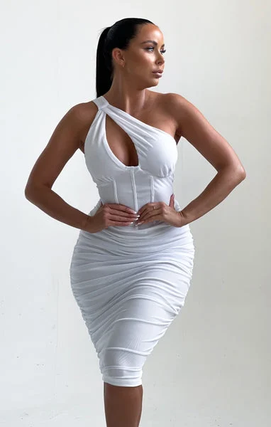 White One Shoulder Cut Out Ruched Midi Dress - Bria