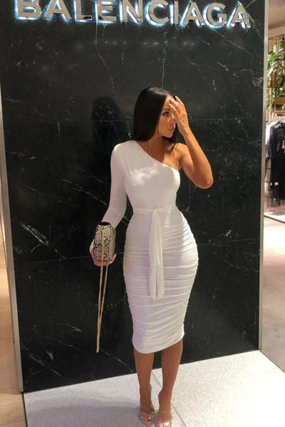 White One Shoulder Ruched Slinky Midi Dress - Savannah