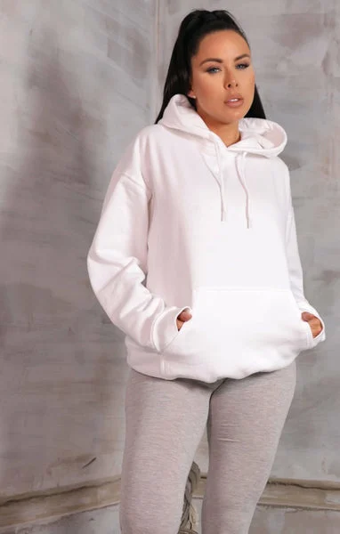 White Oversized Long Sleeve Front Pocket Drawstring Fleece Hoodie - Stella
