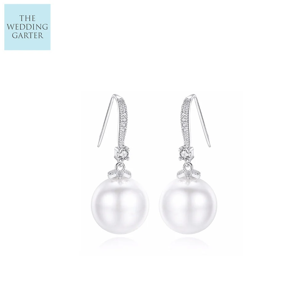 White Pearl Bridal Earrings With Hook Back