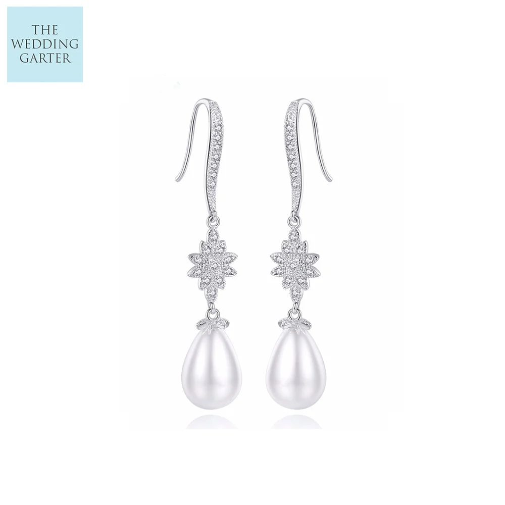 White Pearl & CZ Diamond Hook Back Wedding Earrings