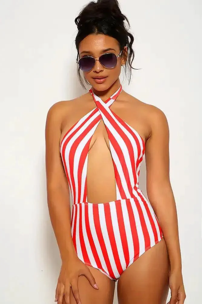 White Red Striped Plunging Neckline One Piece Swimsuit
