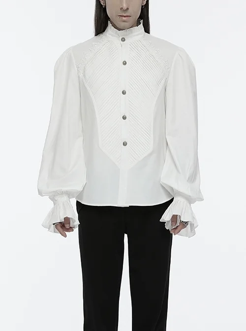 White Retro Simple Front Pinstripe With Stand Up Collar Ruffle Design Gothic Style Puff Sleeve Shirt