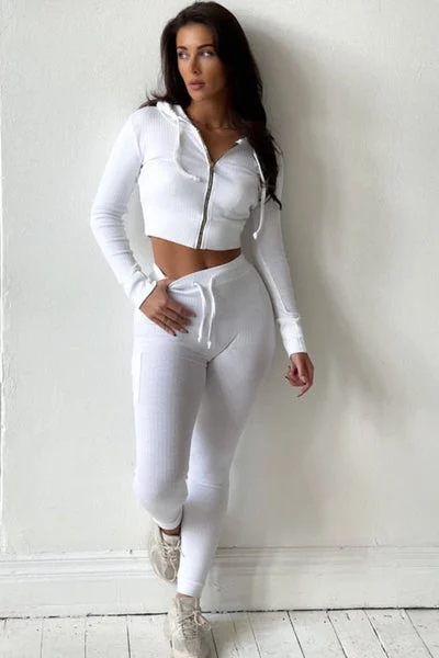 White Ribbed Zip Front Hoodie & Joggers Two Piece Set - Callie