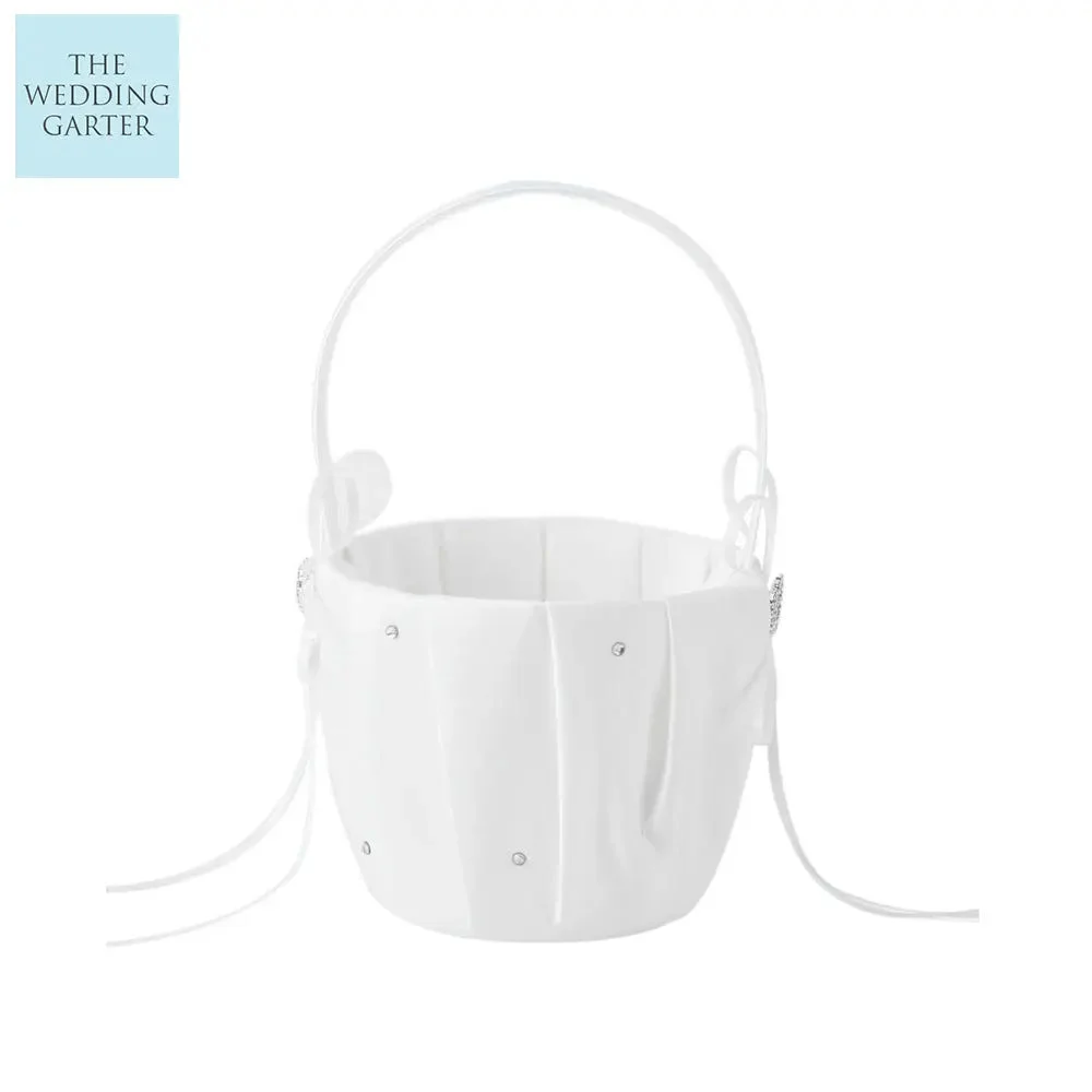 White Satin Crystal Embellished Flower Girl Basket For Wedding