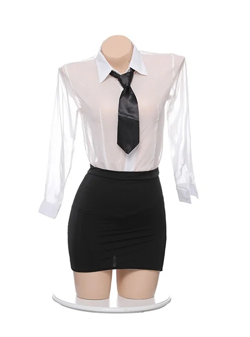 White See-Through Shirt Black Slit Hip Skirt Secretary-Style Office Cosplay Plus Size Sexy Lingerie Set