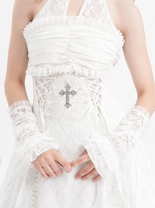White Sexy Pleated Lace Gothic Style Drawstring Gloves