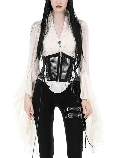 White Slim Fitting Ruffled V-Neck Metal Key Embellished Punk Style Exaggerated Long Sleeved Top