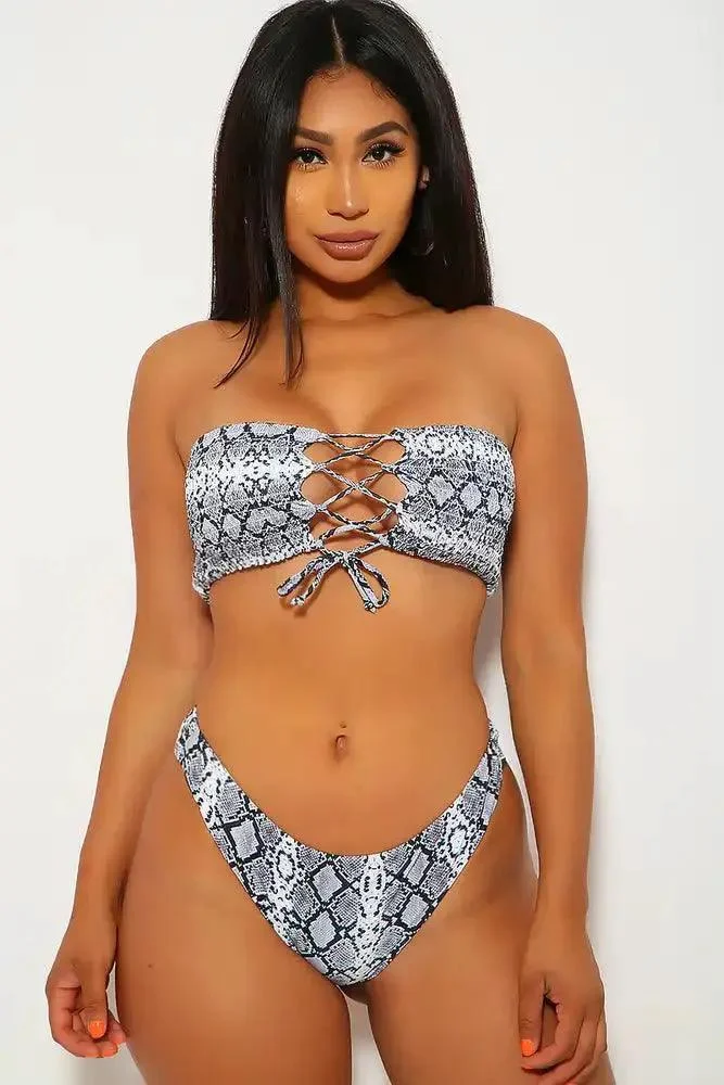 White Snake Print Lace Up Two Piece Swimsuit