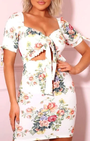White Tie Front Floral Frill Detail Mini Dress - Lorencia