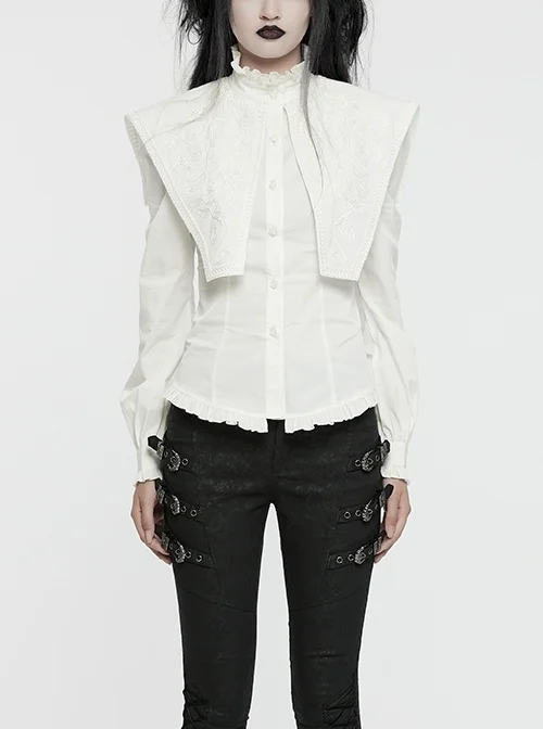 White Vintage Stretch Twill Woven Front Center Three Dimensional Flocking Lace Shawl With Rose Button Gothic Style Wide Shoulder Long Sleeve Shirt