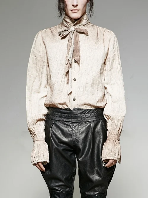 White Washed Old Feel Retro Stand Collar Bow Tie Punk Style Men's Shirt