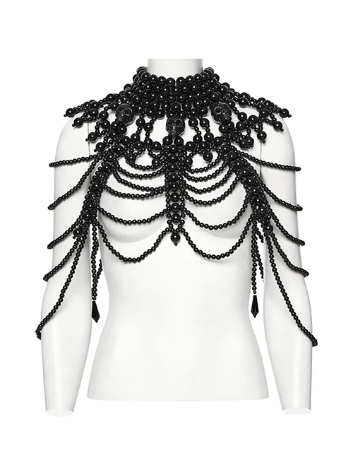Wild Black Multi Layer Pearl Stand Up Collar Skull Beads Gothic Style Adjustable Neck Cover