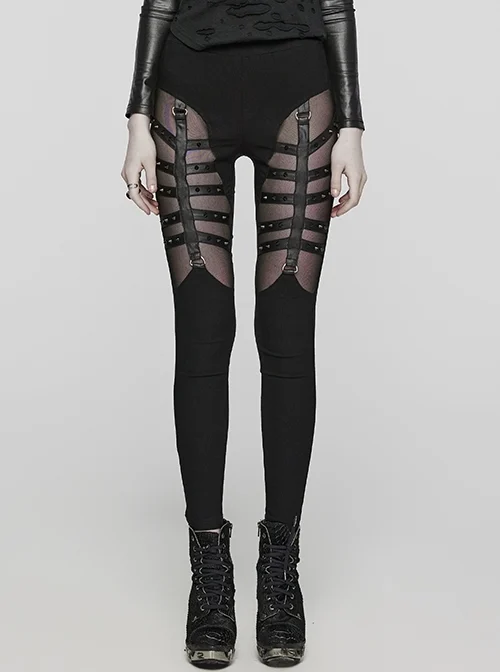 Wild Black Stretch Woven Patchwork Mesh Metal Rivets On The Front Punk Style Cutout Leggings
