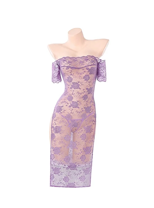 Wild Rose See-through Purple Lace Off-shoulder Cheongsam Both Sides High Waist Slits Dress Sexy Lingerie Set