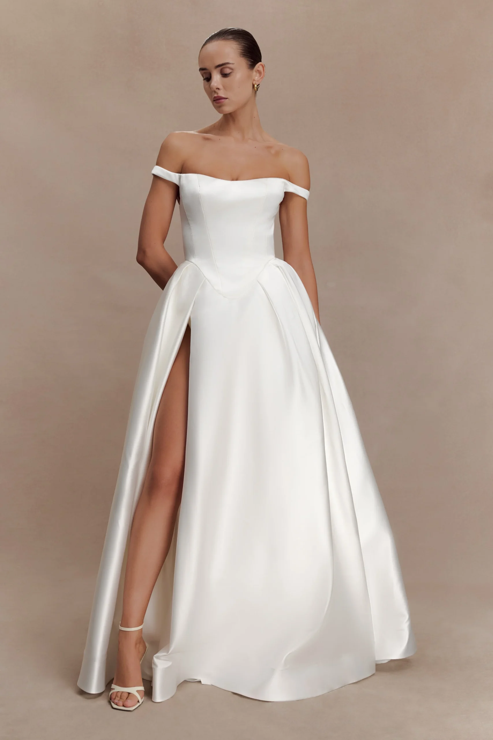 WillowOff Shoulder Satin Maxi Gown - White