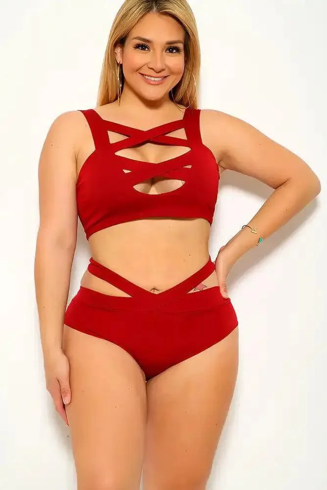 Wine Bandage Strappy High Waist Plus Size Two Piece Swimsuit