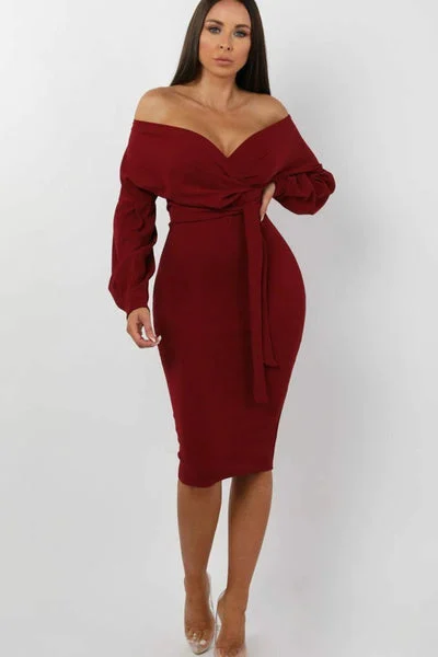 Wine Belted Bodycon Midi Wrap Dress- Angelica
