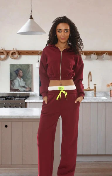 Wine Cropped Zip-Up Hoodie with Wide Leg Joggers Statement Patch Loungewear Set – Zaria