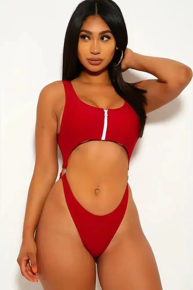 Wine Cut Out Front Zipper One Piece Swimsuit