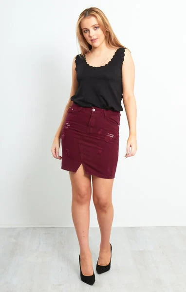 Wine Distressed Denim Skirt - Donelia
