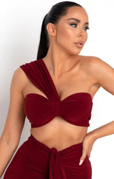 Wine One Shoulder Knot Bralette Top - Julie