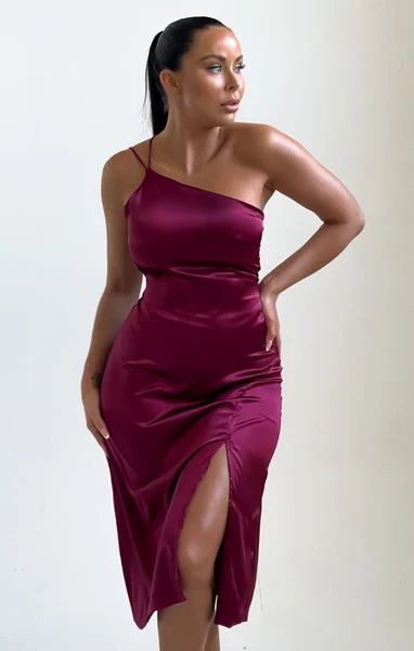 Wine One Shoulder Strappy Side Split Midi Dress- Marissa