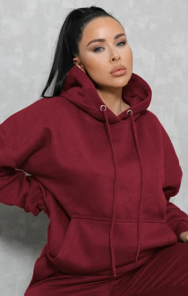 Wine Oversized Drawstring Pocket Casual Hoodie - Ella