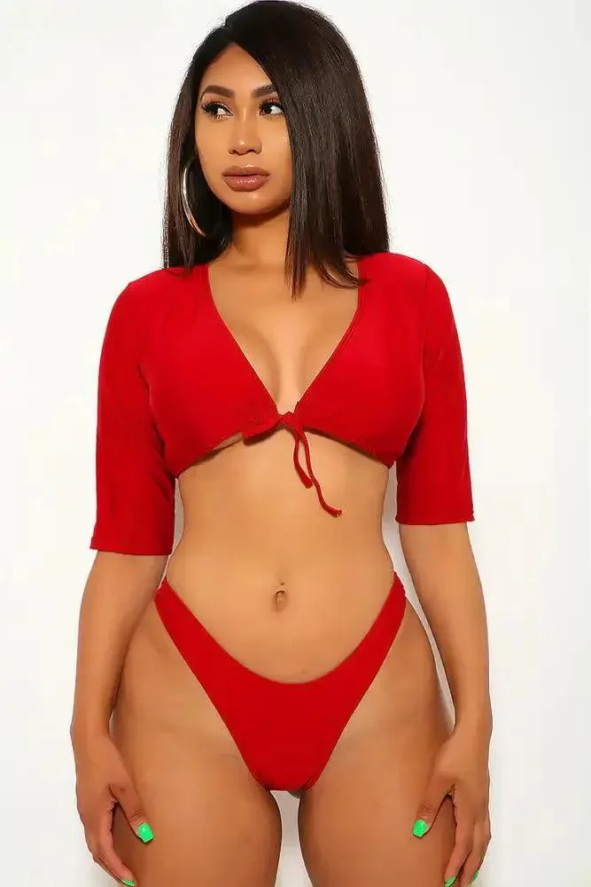 Wine Quarter Sleeve Cheeky Two Piece Swimsuit