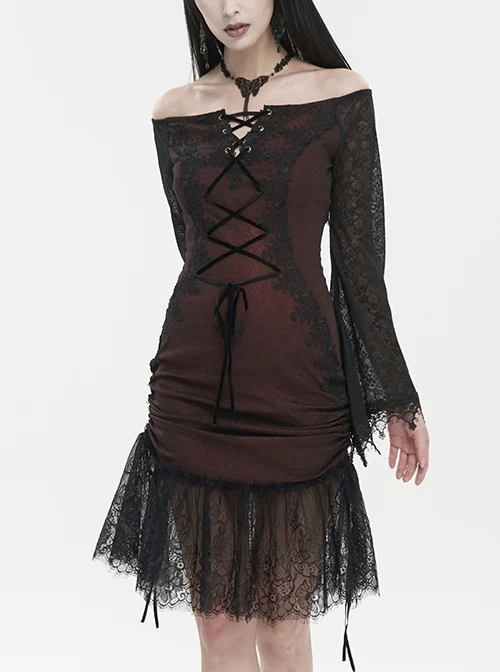 Wine Red Elastic Texture One-Shoulder Hem Splicing Lace Gothic Bell Sleeve Dress