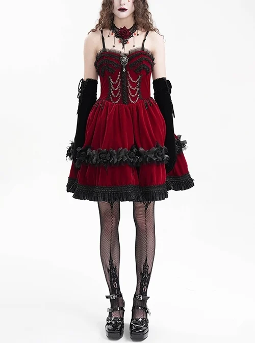 Wine Red Luxury Lace Front Metal Chain Decoration Gothic Style Suspender Sleeveless Dress