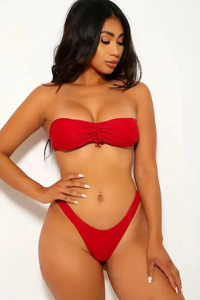 Wine Ruched Bandeau Cheeky Two Piece Swimsuit